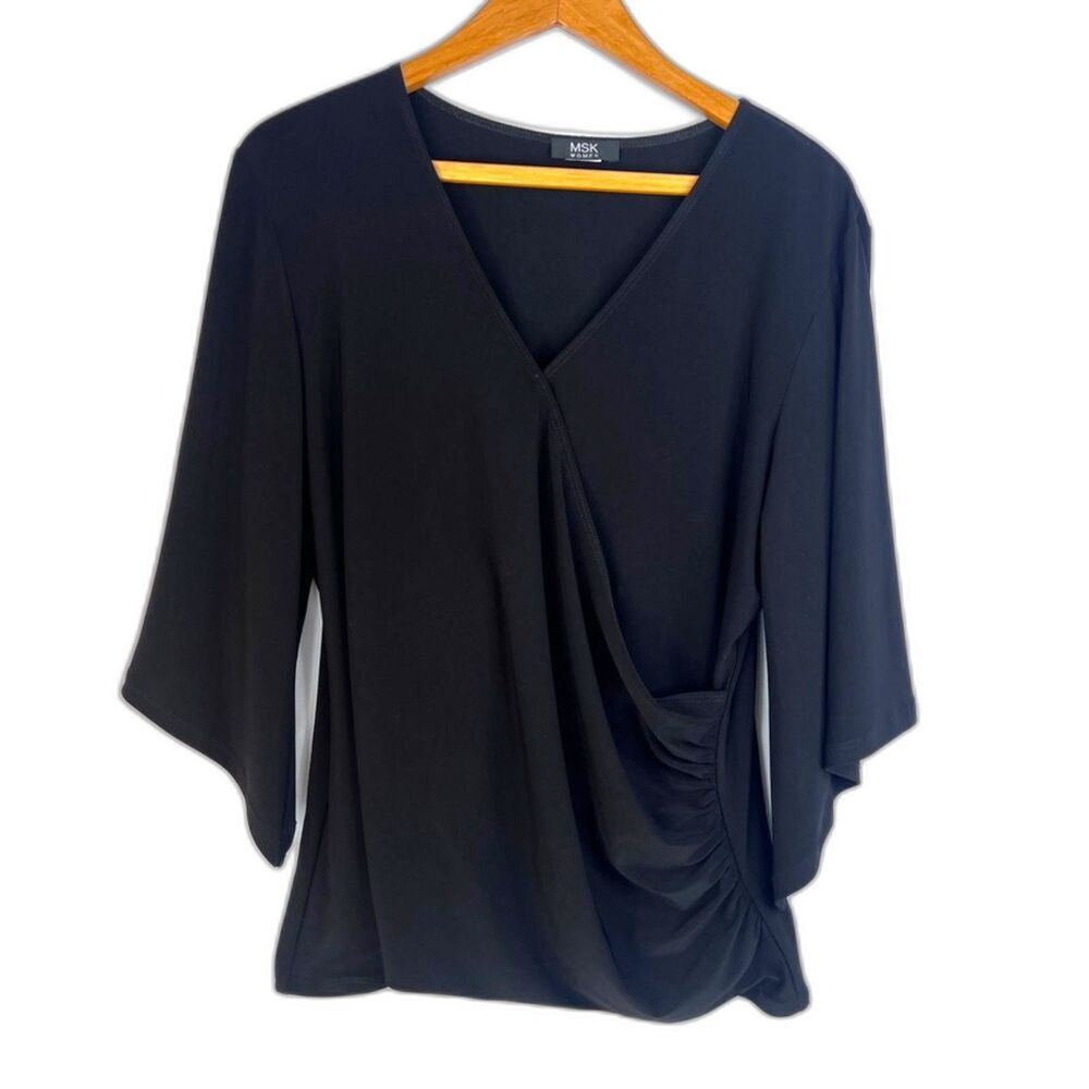 MSK Vneck Flutter Sleeve Faux Wrap Blouse Basic‎ Neutral Black Size M/L*